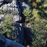 Eine schmale Holztreppe mit Geländer führt zwischen großen grauen Felsformationen hinauf, die von dichtem grünem Laub umgeben sind. Sonnenlicht fällt durch die Bäume und beleuchtet Teile des felsigen Geländes und der Treppen. Die Szene erinnert an einen schroffen Wanderweg.