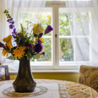 Auf einem runden Tisch, der mit einer Spitzentischdecke bedeckt ist, steht eine Vase mit bunten Blumen vor einem sonnendurchfluteten Fenster mit weißen, durchsichtigen Vorhängen.