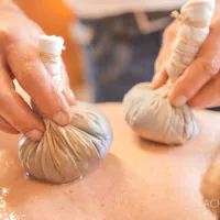 Eine Nahaufnahme eines Masseurs, der zwei Kräuterpackungen auf den Rücken einer Person legt. Man sieht, wie die Hände des Masseurs die Packungen, die in Stoff gewickelt und oben zugebunden sind, zusammendrücken. Die Haut der Person, die die Massage erhält, glänzt.