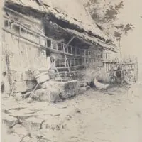 Eine detaillierte Skizze eines rustikalen Holzgebäudes mit Strohdach, einem Zaun und Leitern, die an der Wand lehnen. Eine Steintreppe führt zum Eingang hinauf, und im Hintergrund sind Bäume zu sehen.