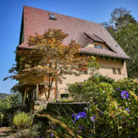 Ein beiges Haus mit einem steilen roten Dach steht inmitten grüner Bäume und leuchtend violetter Blumen unter einem strahlend blauen Himmel.